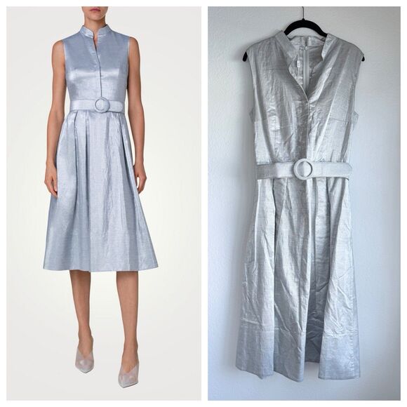 NWOT Akris Punto Silver Metallic Cotton Linen Blend Sleeveless Belted Midi Dress - Picture 1 of 16